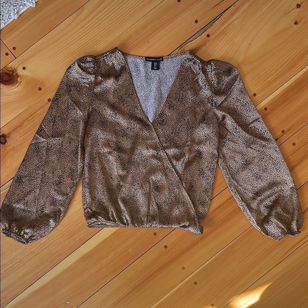 Leopard Spotted Tan & Black Satin Blouse